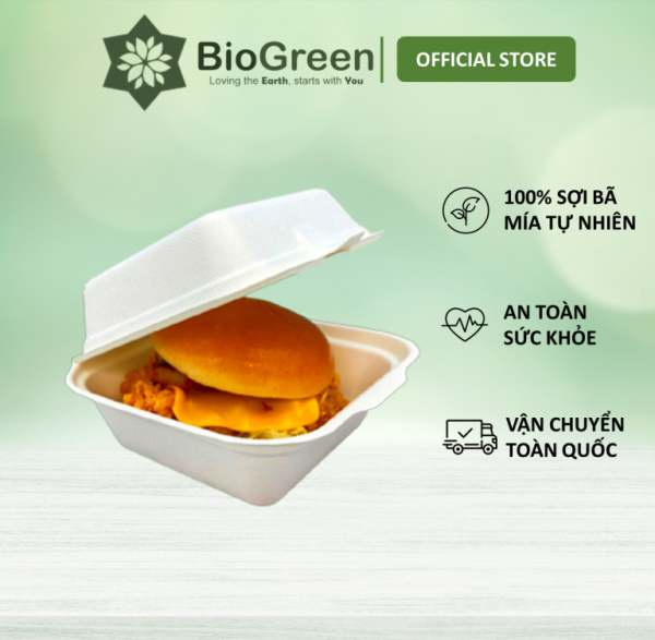 (500 pcs) Hộp bã mía 1 ngăn đựng thức ăn có nắp 600ml